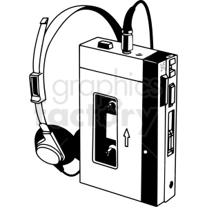 The clipart image shows a black and white vector illustration of a 90s Walkman cassette player. The Walkman was a portable audio device that allowed people to listen to music on cassette tapes while on-the-go. This particular image depicts the front view of the Walkman with buttons, a headphone jack, and a cassette tape slot visible.
