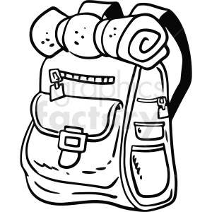 The clipart image shows a simplified black and white drawing of a backpack, likely intended for use in cartoons or other similar illustrations. The backpack has two shoulder straps and a curved top, with small details such as pockets and zipper pulls.
