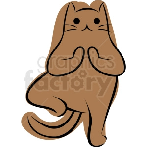 The clipart image shows a stylized cartoon illustration of a brown cat performing a yoga position known as the Namaste pose or Anjali Mudra, where the hands are pressed together in front of the chest.