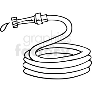 The clipart image shows a cartoon-style gardening hose that is depicted in black and white. It appears to be coiled up with its nozzle end pointing towards the left side of the image, as if it's ready to be used for watering plants or washing something down.
