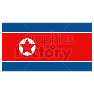 This clipart image depicts the national flag of North Korea. The flag features a wide red stripe bordered by two narrow white stripes, with thick blue bands above and below the white stripes. In the center of the red stripe is a white disc with a five-pointed red star. 