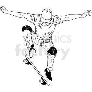 The clipart image depicts a male skateboarder in black and white, performing an ollie. The skateboarder is shown mid-air with his board underneath him, while his arms are stretched out for balance. Overall, the image captures the dynamic movement of skateboarding.
