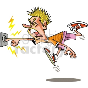 The clipart image shows a cartoon boy who is being electrocuted, as indicated by the lightning bolt symbol above his head, and his body is shown in a position that suggests he is experiencing pain or shock. The image depicts a dangerous situation involving electricity and serves as a warning to avoid such situations.
