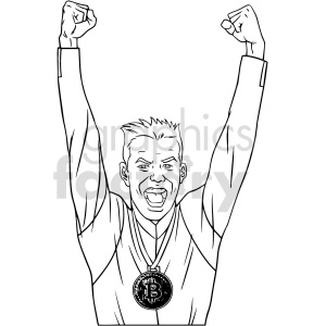 black and white cartoon man wearing bitcoin medal vector clipart