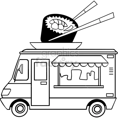black and white cartoon ramen food truck clipart