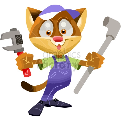 The clipart image depicts a cartoon cat dressed as a plumber, holding a wrench and pipe. The cat has a friendly expression and appears to be gesturing with the wrench, suggesting that it is ready to work on some pipes.
