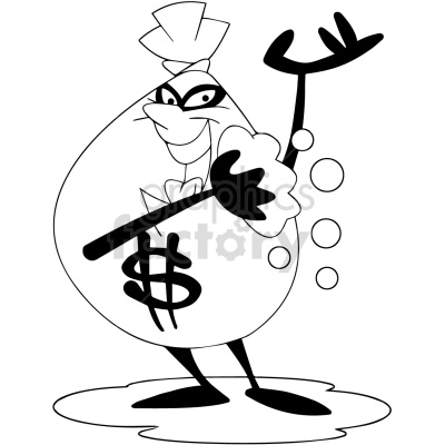 black and white cartoon money bag character money laundering cleaning