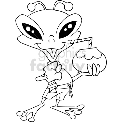 black and white alien holding a drink cartoon vector