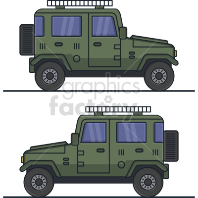 The clipart image shows a bundle of cartoon graphics featuring a Jeep-style truck. The truck has a boxy body with large wheels. The graphics can be used for a variety of purposes such as logos, decals, or illustrations.
