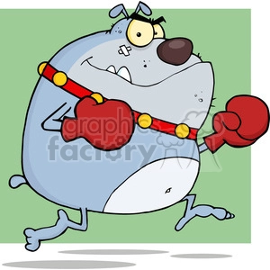 The clipart image depicts a comical cartoon dog dressed as a boxer. The dog is grey with a white belly, wearing red boxing gloves, and a red and yellow belt. It has a humorous expression on its face, one eye larger than the other, and a plaster on its cheek, suggesting it has been in a playful or comical fight.