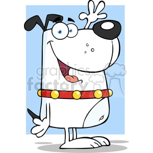 The image is a clipart illustration of a comically styled dog. The dog appears happy, with a large smiling mouth open, showing a pink tongue, and a pair of big, blue eyes bulging out. The dog has exaggerated features, such as floppy ears (one sticking straight up and the other drooping down), a red collar with yellow dots, and its raised paw seems to be waving or greeting. The dog's tail is also sticking up in a funny manner, contributing to the playful and whimsical nature of the image.