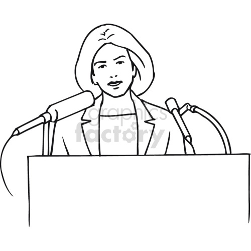 woman talking at podium black white