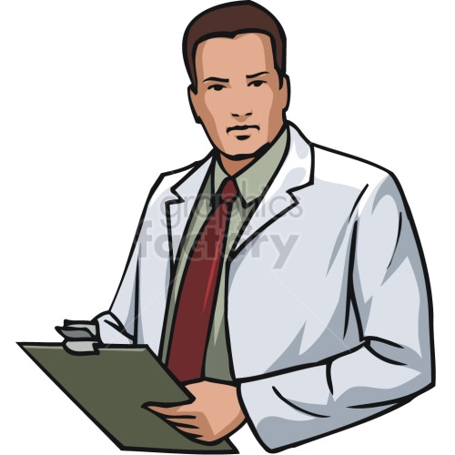 The image shows a man in a lab coat and red tie, holding a clipboard in one hand. He is looking towards the viewer and not the clipboard