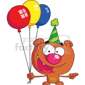 Brown bear wearing a birthday hat holding 3 three balloons