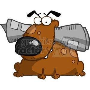 The clipart image you've provided depicts a whimsical cartoon character. It is an animated dog with exaggerated features including a large, round nose, wide eyes with raised eyebrows, and a comic expression. The dog is brown with spots and appears to be looking at something with a surprised or intrigued expression. It has a large screwdriver being carried in its mouth, almost as big as the dog itself, suggesting a humorous take on a dog fetching tools instead of sticks.