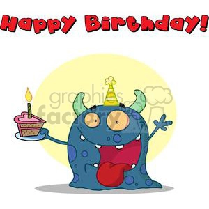 Happy Blue Horned Monster Celebrates Birthday With Cake and text Happy Birthday!