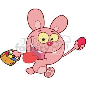 Easter Rabbit Running And Holding Up An Egg And Carrying A Basket On A White Background