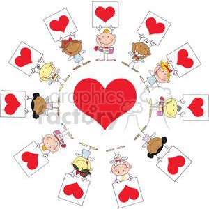 Cartoon Different Nationalities Stick Cupids Group with Banners and Hearts