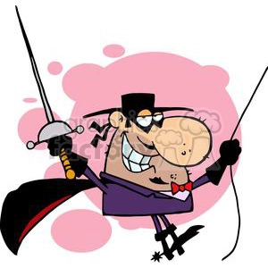 The image depicts a humorous and exaggerated illustration of a sword fighter. The character is wearing a purple jacket, a top hat, and a small red bow tie. They have a large, prominent nose, a big grin showing teeth, and are holding a sword in each hand. The background is a simple pink with a few lighter pink circles.
