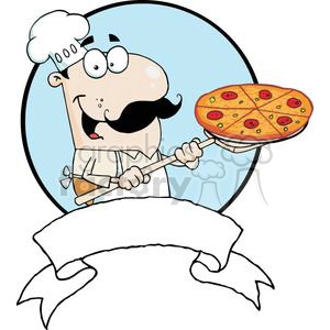 A Banner Of A Proud Chef Inserting A Pepperoni Pizza Blue Background