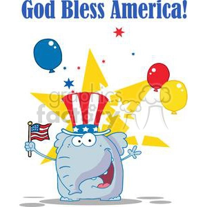 Patriotic Elephant Waving An American Flag On Independence DayWith Balloons and Stars