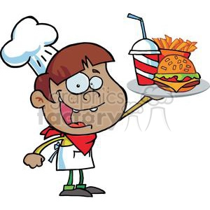Fast Food African American Boy In A Chef Hat Holding Up Hamburger Drink And French Fries