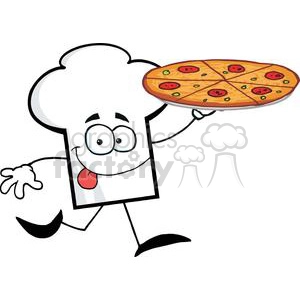 Cartoon Chefs Hat Character Holding And Running With Pizza