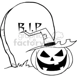 Black and White Cartoon R.I.P Gravestone with a Witch Pumpkin in front of it