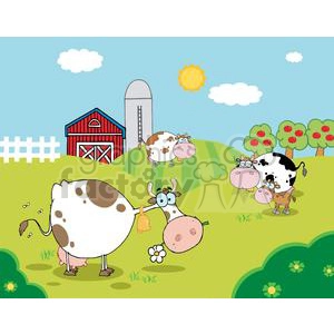 Country Farm Scene with three spotted cows and 1 brown calf