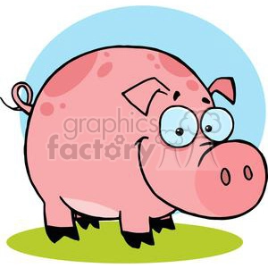 The image is a colorful cartoon clipart of a happy pig standing on some grass with a light blue background. The pig is pink with spots, has large round eyes, and is smiling.
