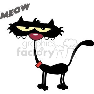 The image depicts a comical cartoon cat with exaggerated features. The cat is black with a long, slender body and a large head. It has pronounced, yellow eyes with black pupils, and thick black eyebrows. . The cat's ears are pointy and stick out to the sides with tufts of fur at their tips. Above the cat, the word MEOW is written in a jagged, informal font, suggesting the sound the cat is making. The cat also has a red collar around its neck