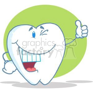 The clipart image features a whimsical, anthropomorphic tooth giving a thumbs-up. The tooth has a big, friendly smile, showcasing bright white teeth, and is winking one eye playfully. It has a cartoonish hand raised in a thumb-up gesture, indicating approval or good health. The background is a simple pastel green that frames the character without competing for attention.