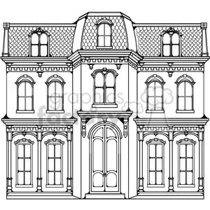 This clipart image features a Victorian-style house with multiple windows, a grand arched entrance door, and a mansard roof with dormer windows. The house has intricate details, including window moldings and a detailed roof pattern, suggesting a touch of elegance and historical architecture.