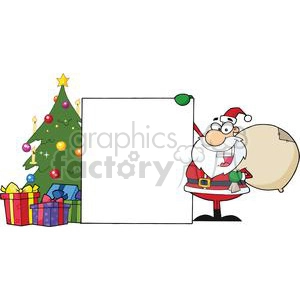 Santa-Claus-Presenting-A-Blank-Sign-With-Christmas-Tree