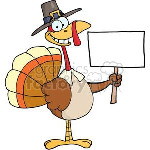 3524-Happy-Turkey-With-Pilgrim-Hat-Holding-A-Blank-Sign