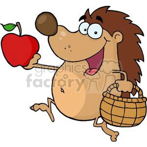 The clipart image shows a cartoon hedgehog holding a red apple in one hand and a small wicker basket in the other. The hedgehog has a big smile on its face, large eyes, and is in a dynamic pose suggesting movement or excitement.