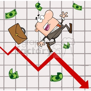 The clipart image portrays a comical business scene with a cartoonish businessman panicking as he follows the dramatic downward trajectory of a red line chart, symbolizing a falling economy or market crash. He's flailing in the air with a briefcase floating away and money bills scattered around, emphasizing the concept of financial loss.
