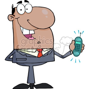 This clipart image features a comical cartoon character of a man who appears to be a salesman. He has a large, exaggerated smile and is holding a vintage cordless phone that has visible signal lines indicating that it is in use or ringing. The man is dressed in a professional suit with a tie, which suggests business attire.