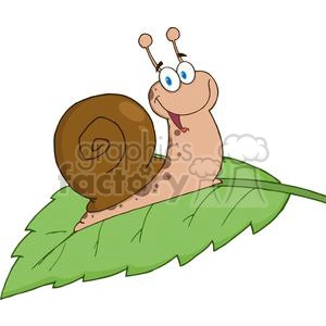The image features a humorous, cartoon-styled depiction of a snail sitting on a green leaf. The snail has a large brown shell with a spiral pattern, a pink, joyful face with large blue eyes and raised eyebrows, and extended stalks with eyeballs on top. Its mouth is open, displaying a red tongue and adding to its playful expression. The snail is perched upon a single, large green leaf which seems to be its resting or traveling platform.