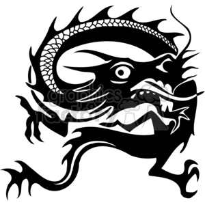 The clipart image depicts a stylized Chinese dragon in a dynamic pose, designed in a black and white contrasting scheme suitable for vinyl cutting or similar applications. The dragon is rendered with fluid, bold lines and features typical dragon iconography such as scales, claws, and a fierce facial expression.