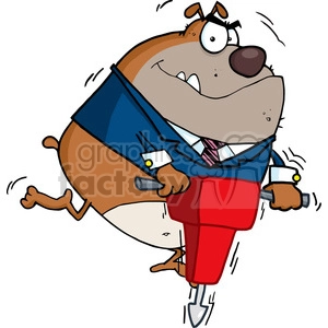 The clipart image displays a comical anthropomorphic dog dressed in a blue jacket, tie, and glasses, operating a red jackhammer. The dog appears to be a construction worker or employee and is shown vibrating comically due to the jackhammer's operation.