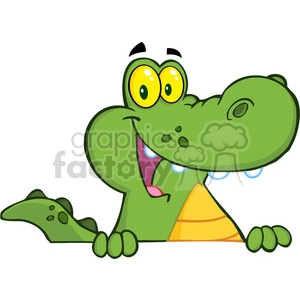 The image is a colorful, cartoonish depiction of a green crocodile or alligator. The character has exaggerated features such as large, yellow eyes with black outlines, visible nostrils, and a wide-open mouth showing a pink tongue. Some sweat droplets indicate that the character might be nervous or stressed. 