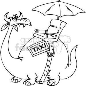 This image shows a humorous line art depiction of a fantasy dragon playing the role of a taxi. The dragon is standing upright and carrying an umbrella in one hand, while its other hand is attached to a bracelet or cuff that is connected to a suitcase labeled TAXI. The style suggests it's a light-hearted, whimsical take on fantasy and transportation themes, possibly aimed at children or for use in casual or comedic contexts.