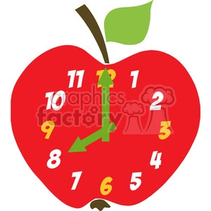 This clipart image features a red apple that has been stylized to include a clock face with numbers and hands indicating a specific time. The apple retains its traditional characteristics, such as a brown stem and a green leaf, but it also has yellow numbers and hands of a clock imprinted on its body, blending the concepts of food and time.