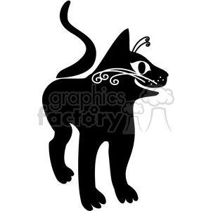The clipart image depicts a stylized black cat. It features white decorative accents, such as swirls and curves, that embellish the cat's silhouette, creating an artistic and elegant rendition of a feline.