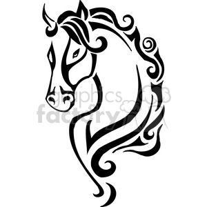 The clipart image depicts a stylized outline of a horse's head, in a form that could be used for tattoos, vinyl decoration, or other graphic design purposes. The horse's mane and facial features are designed with swirling lines and shapes, giving it an artistic and ornamental look.