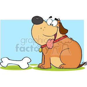 The image is a colorful, comical illustration of a happy brown dog with a big smile, sticking out its tongue, and wearing a red collar with a gold tag. There's a large white bone on the ground in front of the dog, suggesting that it might be the dog's treat or toy. The background is a simple blue sky above and green ground below.