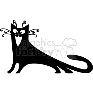 The image is a black and white clipart of a whimsical, stylized black cat. The cat appears to be standing and stretching with a playful expression featuring prominent whiskers, large eyes, and a curly tail.