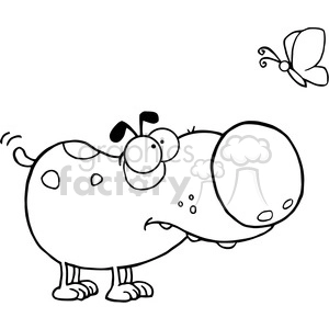 This clipart image features a comical and simplistic drawing of a dog with large, exaggerated features such as a big nose and round body. The dog appears curious or playful, and its eyes are directed toward a butterfly flying nearby. The style is cartoonish and the image is in black and white line art, suitable for coloring or humorous content.