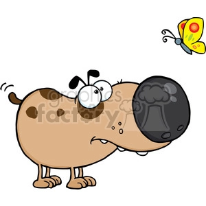 The clipart image features a comical cartoon dog with a large, round, exaggerated nose, and big, googly eyes. One of the dog's ears is perked up, while the other droops down. The dog appears to be curiously watching a bright butterfly with yellow and red patterns on its wings flying to its right side. 